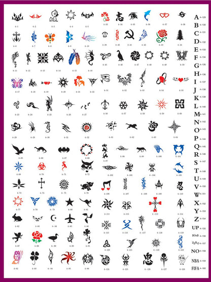 Temporary Tattoo Stencils Booklet Set 4 with 160 Different Self-Adhesive Reusable Stencil Designs