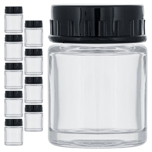 10 Pack TB-001 Empty 3/4 Ounce (22cc) Glass Jar Bottles with Plastic Lids, Paint Storage Bottles, Jars Screw Into Siphon Feed Airbrush Lid Assemblies