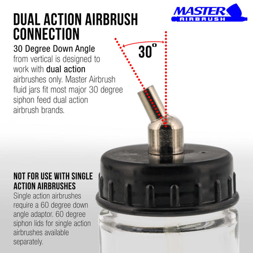 10 Pack of Master Airbrush TB-002 3/4 oz Glass Jar Bottles with 30 degree Down Angle Adaptor Lid Assembly - Dual-Action Siphon