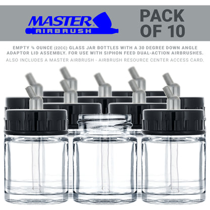 10 Pack of TB-002 3/4 oz Glass Jar Bottles with 30 degree Down Angle Adaptor Lid Assembly - Dual-Action Siphon