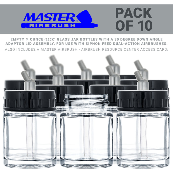 10 Pack of Master Airbrush TB-002 3/4 oz Glass Jar Bottles with 30 degree Down Angle Adaptor Lid Assembly - Dual-Action Siphon
