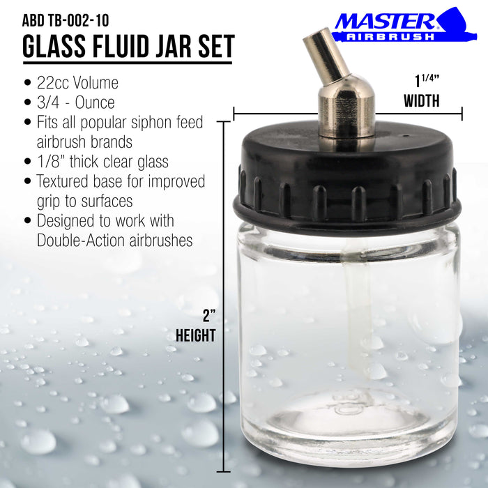 10 Pack of Master Airbrush TB-002 3/4 oz Glass Jar Bottles with 30 degree Down Angle Adaptor Lid Assembly - Dual-Action Siphon