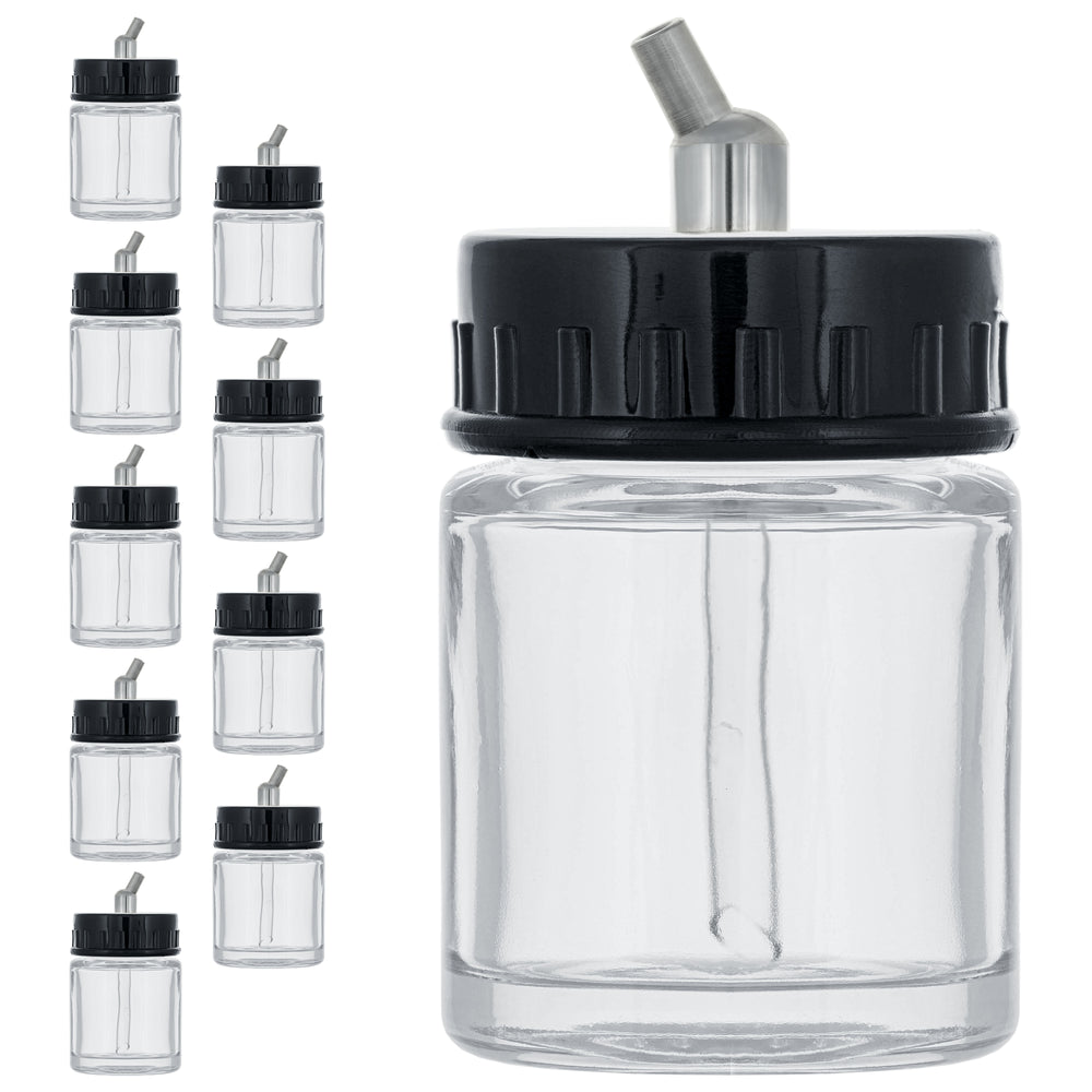10 Pack of Master Airbrush TB-002 3/4 oz Glass Jar Bottles with 30 degree Down Angle Adaptor Lid Assembly - Dual-Action Siphon
