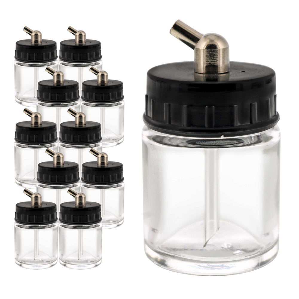 10 Pack Master Airbrush TB-003, 3/4 oz Glass Jar Bottles with 60 degree Down Angle Adaptor Lid Assembly, Single-Action Siphon