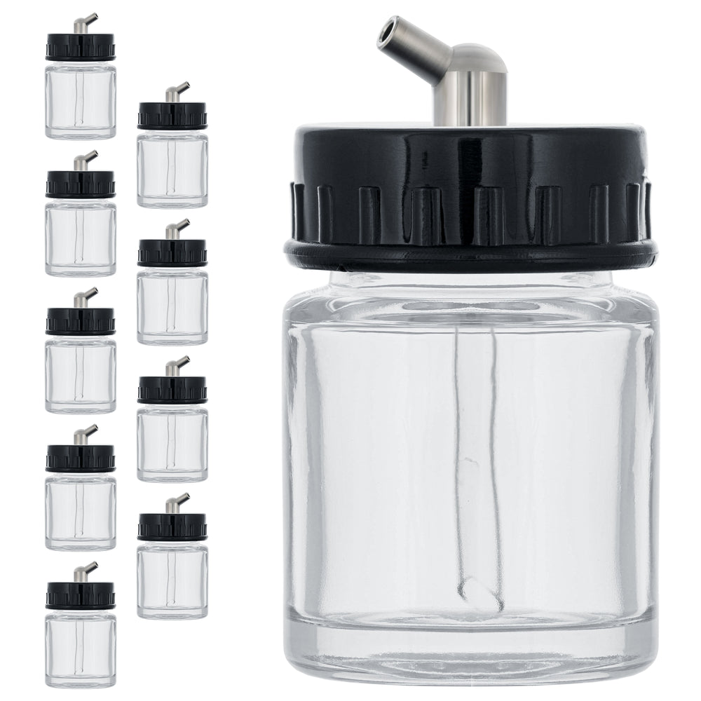 10 Pack Master Airbrush TB-003, 3/4 oz Glass Jar Bottles with 60 degree Down Angle Adaptor Lid Assembly, Single-Action Siphon