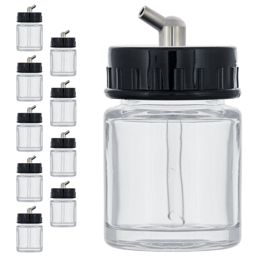 10 Pack Master Airbrush TB-003, 3/4 oz Glass Jar Bottles with 60 degree Down Angle Adaptor Lid Assembly, Single-Action Siphon