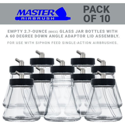 10 Pack Master Airbrush TB-004, 2.7 oz Glass Jar Bottles with 60 Degree Down Angle Adaptor Lid Assembly, Single-Action Siphon