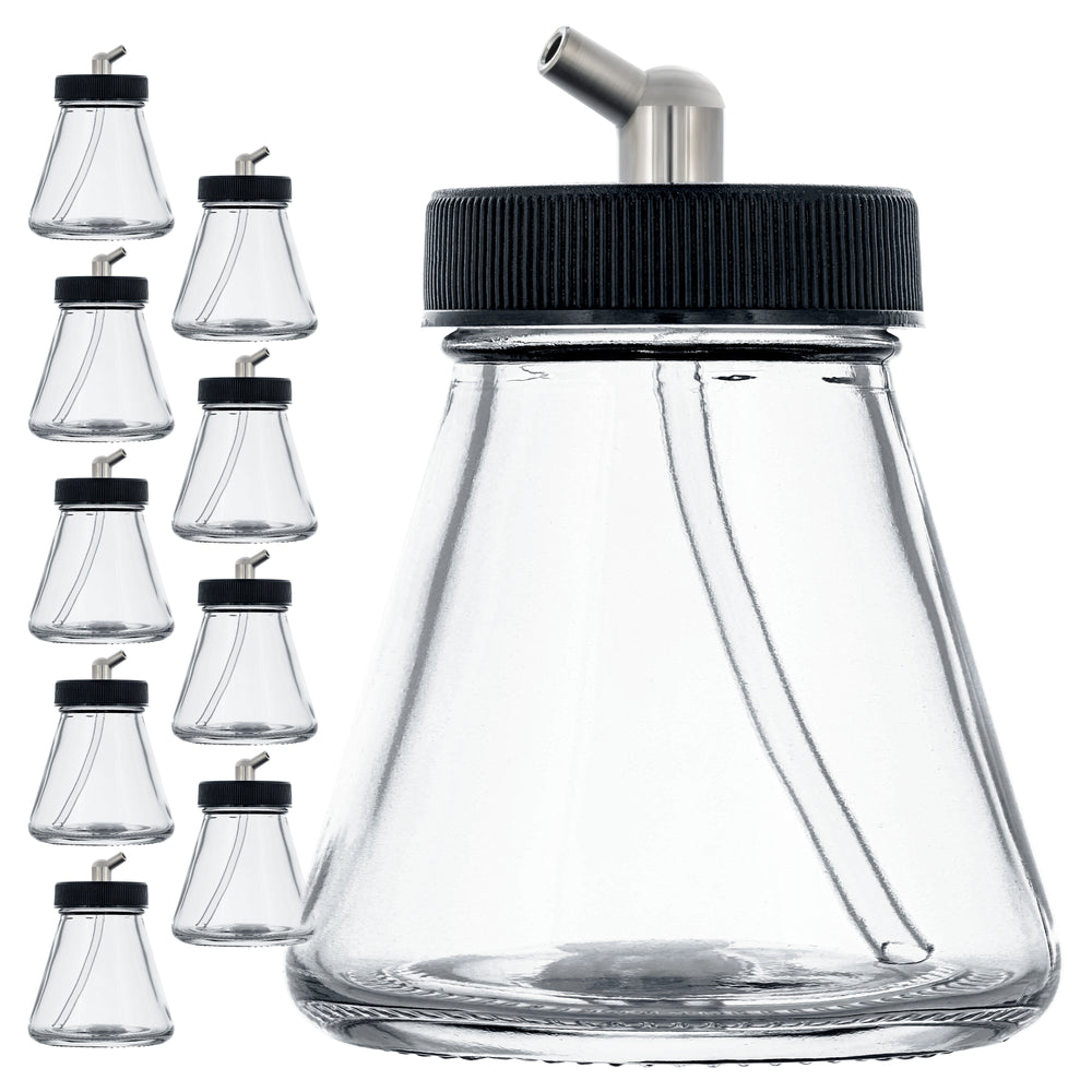 10 Pack Master Airbrush TB-004, 2.7 oz Glass Jar Bottles with 60 Degree Down Angle Adaptor Lid Assembly, Single-Action Siphon