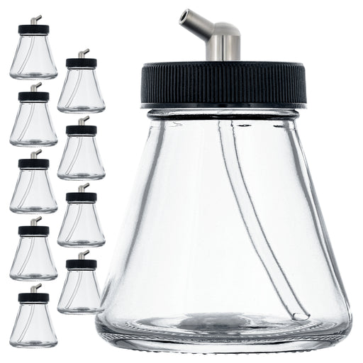 10 Pack Master Airbrush TB-004, 2.7 oz Glass Jar Bottles with 60 Degree Down Angle Adaptor Lid Assembly, Single-Action Siphon