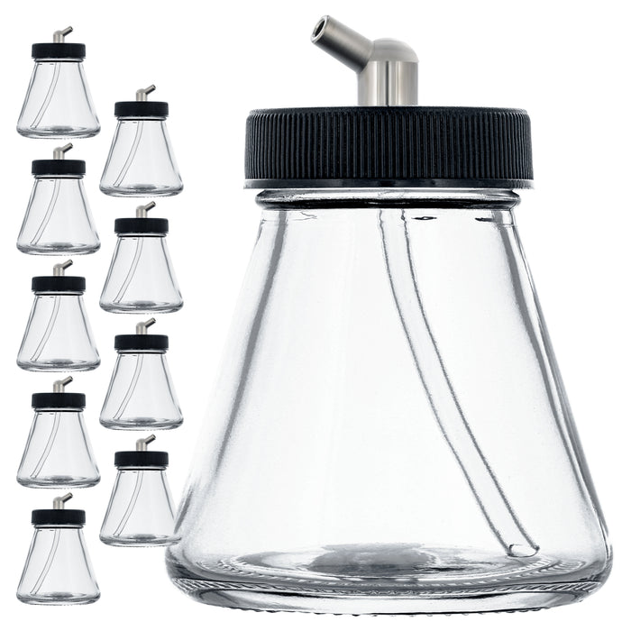 10 Pack Master Airbrush TB-004, 2.7 oz Glass Jar Bottles with 60 Degree Down Angle Adaptor Lid Assembly, Single-Action Siphon