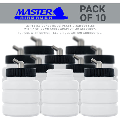 10 Pack TB-005, 2.7oz Plastic Jar Bottles with 60Â­ Down Angle Adaptor Lid Assembly, Single-Action Siphon