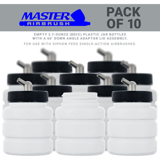 10 Pack Master Airbrush TB-005, 2.7oz Plastic Jar Bottles with 60Â­ Down Angle Adaptor Lid Assembly, Single-Action Siphon