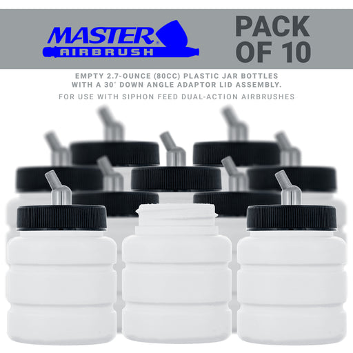 10 Pack Master Airbrush TB-006, 2.7 oz Plastic Jar Bottles with 30 degree Down Angle Adaptor Lid Assembly, Dual-Action Siphon