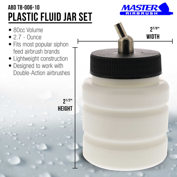 10 Pack Master Airbrush TB-006, 2.7 oz Plastic Jar Bottles with 30 degree Down Angle Adaptor Lid Assembly, Dual-Action Siphon