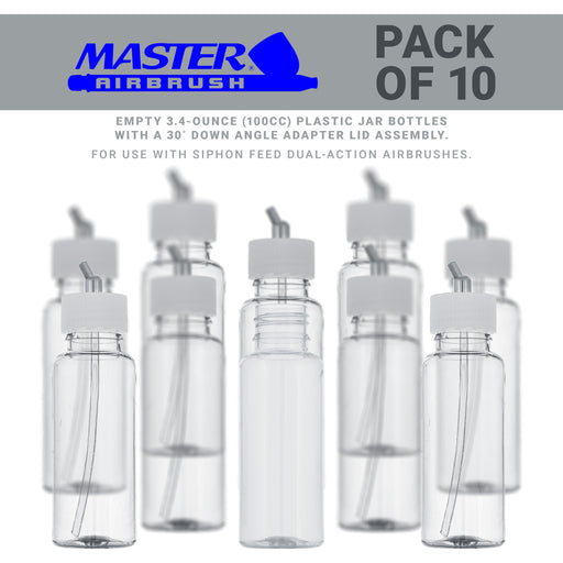 10 Pack Master Airbrush TB-009, 3.4oz Plastic Jar Bottles with 30 Degrees Down Angle Adaptor Lid Assembly, Dual-Action Siphon