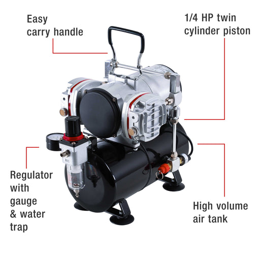 Professional High Performance Twin Cylinder Piston Airbrush Air Compressor with Air Storage Tank, Regulator, Gauge & Water Trap Filter