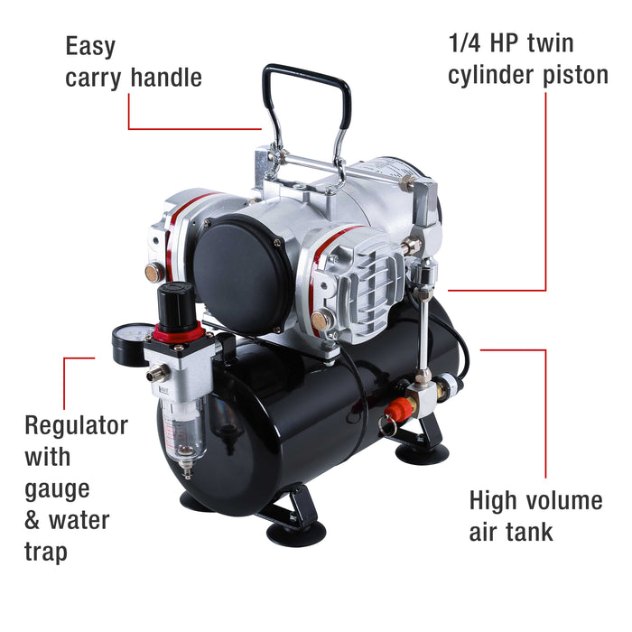 Professional High Performance Twin Cylinder Piston Airbrush Air Compressor with Air Storage Tank, Regulator, Gauge & Water Trap Filter