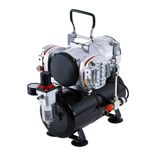 Professional High Performance Twin Cylinder Piston Airbrush Air Compressor with Air Storage Tank, Regulator, Gauge & Water Trap Filter