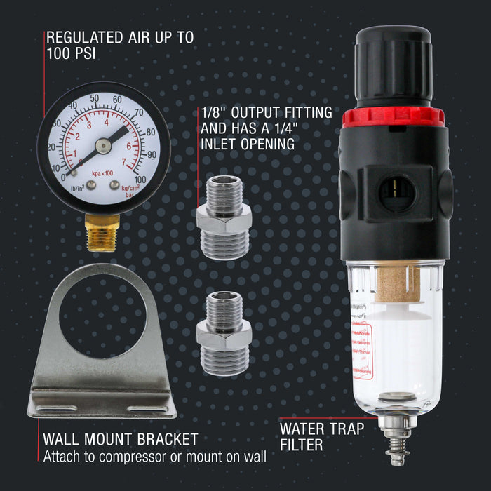 rue Diaphragm Airbrush Pressure Regulator with Gauge & Water Moisture Trap – Filter, Air Compressor Water Trap for Clean, Moisture-Free Airflow