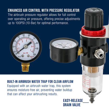 True Diaphragm Airbrush Pressure Regulator with Gauge & Water Moisture Trap – Filter, Air Compressor Water Trap for Clean, Moisture-Free Airflow