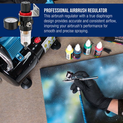 True Diaphragm Airbrush Pressure Regulator with Gauge & Water Moisture Trap – Filter, Air Compressor Water Trap for Clean, Moisture-Free Airflow