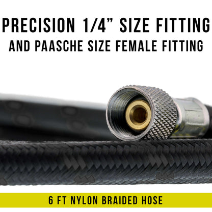 Premium 6 Foot Nylon Braided Airbrush Hose - Standard 1/8" and Non-Standard 1/4" BSP Adapter Fitting Connectors (Please note one end is 1/4" fitting
