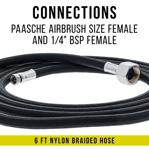 6' Nylon Braided Airbrush Hose with a PAASCHE Airbrush Size Fitting on One End and a Standard 1/4" Size Fitting on the Other End (Hose color may vary)