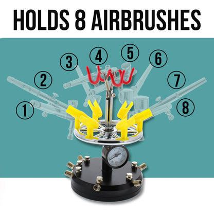 6 Station Airbrush Holder with Air Manifold - Holds 8 Airbrushes with Regulated Air Flow Control - Airbrush Stand for Artists and Modelers