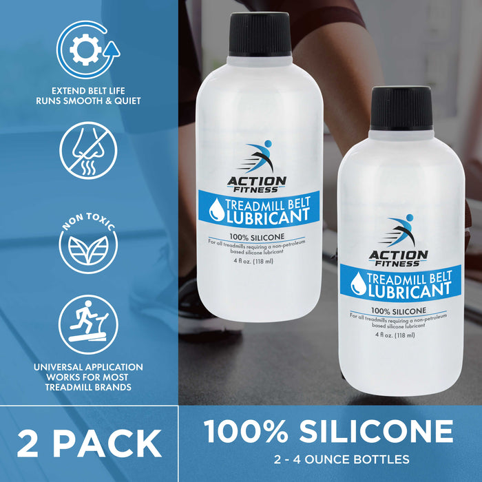 Action Fitness 100% Silicone Treadmill Belt Lubricant, 8 Ounces (2 Pk, 4 oz Bottles), Application Tubes, Twist Spout Caps, Full Belt Width Lubrication