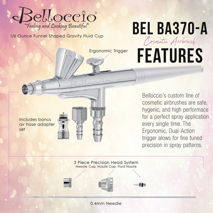 Belloccio Cosmetic Makeup Airbrush - Precision Gravity Feed Airbrush, 0.4mm Tip (Airbrush can be set-up for both Single-Action or Dual-Action)