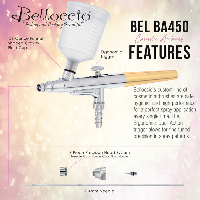 Belloccio Sunless Tanning Airbrush - Precision Single-Action Gravity Feed Airbrush; 0.4 mm Tip & Push Fit Hose Connection