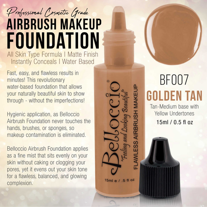 GOLDEN TAN Color Shade Belloccio Professional Airbrush Makeup Foundation, 1/2 oz.