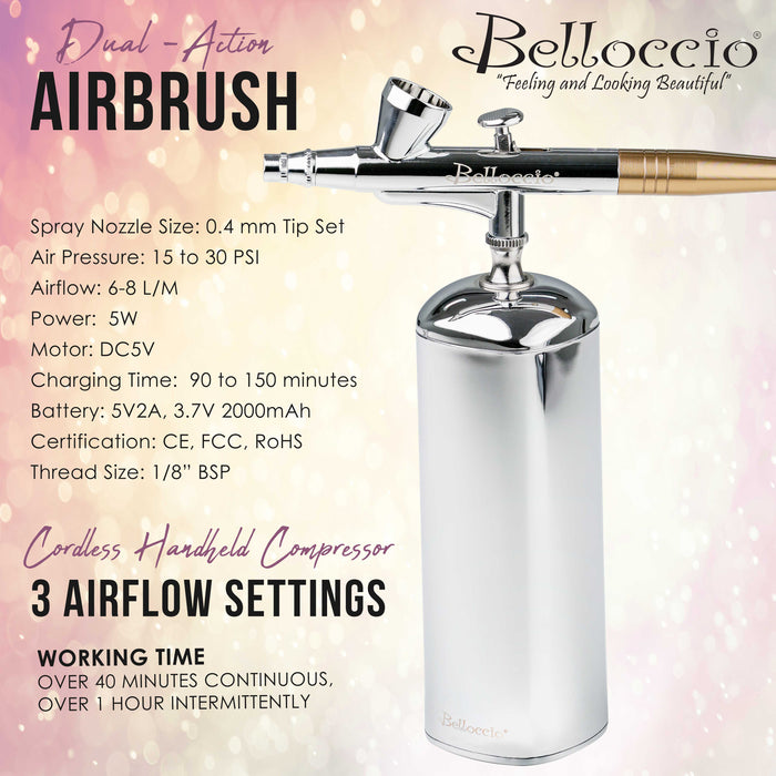 Belloccio Cordless Handheld Airbrush Cosmetic Makeup System Only - 15 to 30 PSI, Rechargeable Professional Airbrush Artist Set, How to Guide - Cake