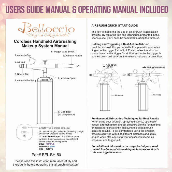 Belloccio Cordless Handheld Airbrush Cosmetic Makeup System Only - 15 to 30 PSI, Rechargeable Professional Airbrush Artist Set, How to Guide - Cake