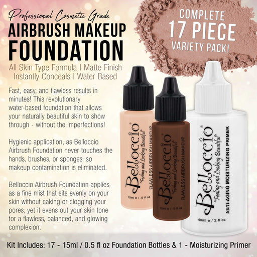 Master Set Of All 17 Foundation Shades of Belloccio's Professional Cosmetic Airbrush Makeup, 1/2 oz. Bottles plus a 2 oz. Moisturizing Primer