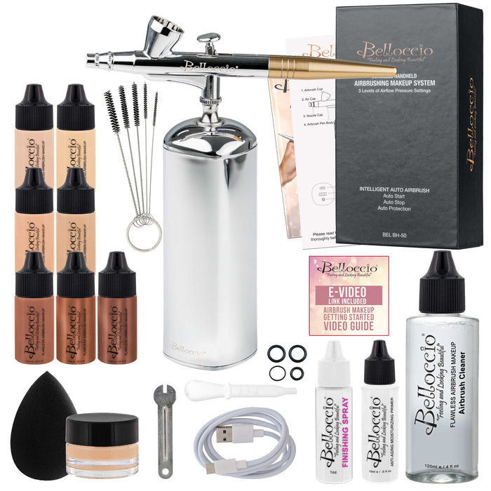 Belloccio Complete Cordless Handheld Airbrush Cosmetic Makeup System with 4 Fair Foundation Shades, 18-Piece Kit, Primer, Blush, Bronzer, Highlighter