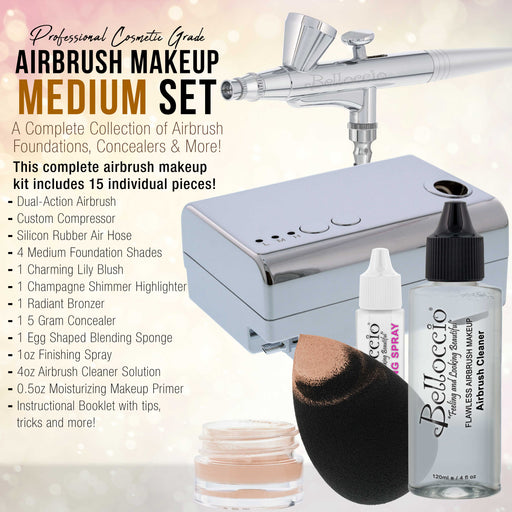 Belloccio Professional Beauty Airbrush Cosmetic Makeup System with 4 Medium Shades of Foundation in 1/4 oz Bottles