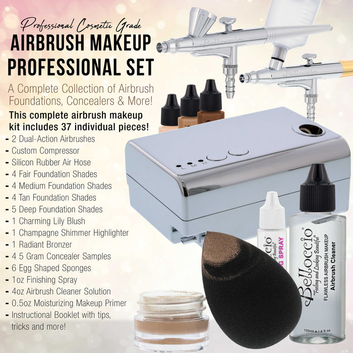 Complete Belloccio Pro Airbrush Cosmetic Makeup System with Both Makeup and Tanning Airbrushes; Includes Full Makeup and Tanning Kits