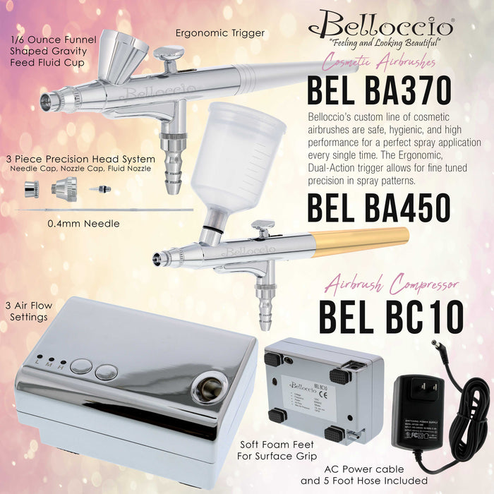 Complete Belloccio Pro Airbrush Cosmetic Makeup System with Both Makeup and Tanning Airbrushes; Includes Full Makeup and Tanning Kits