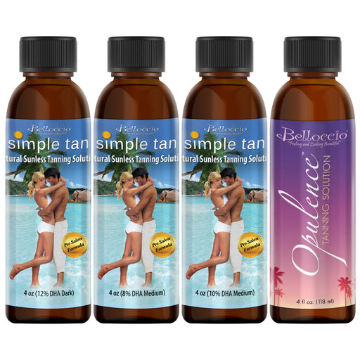 Belloccio Simple Tan & Opulence Professional Salon Tanning Solution Variety Pack; 4 Different Solutions in 4 oz Bottles