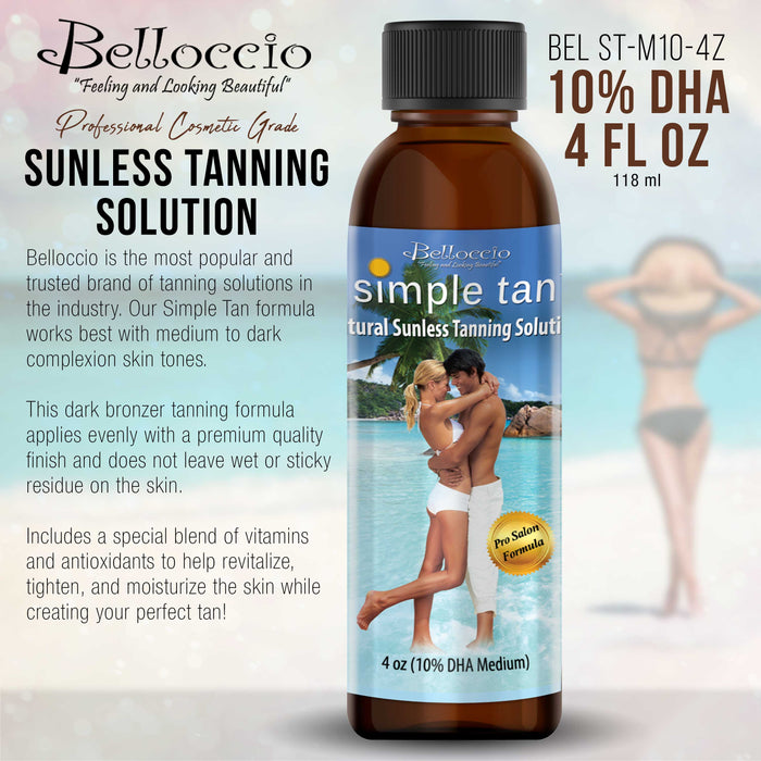4 Ounce Bottle of Belloccio Simple Tan Professional Salon Sunless Tanning Solution with 10% DHA and Medium Bronzer Color Guide