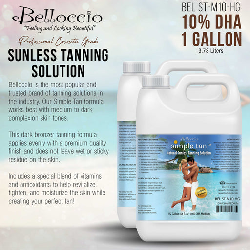 1 Gallon (2 Half Gallons) of Belloccio Simple Tan Professional Salon Sunless Tanning Solution with 10% DHA and Medium Bronzer Color Guide