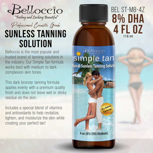 4 Ounce Bottle of Belloccio Simple Tan Professional Salon Sunless Tanning Solution with 8% DHA and Medium Bronzer Color Guide