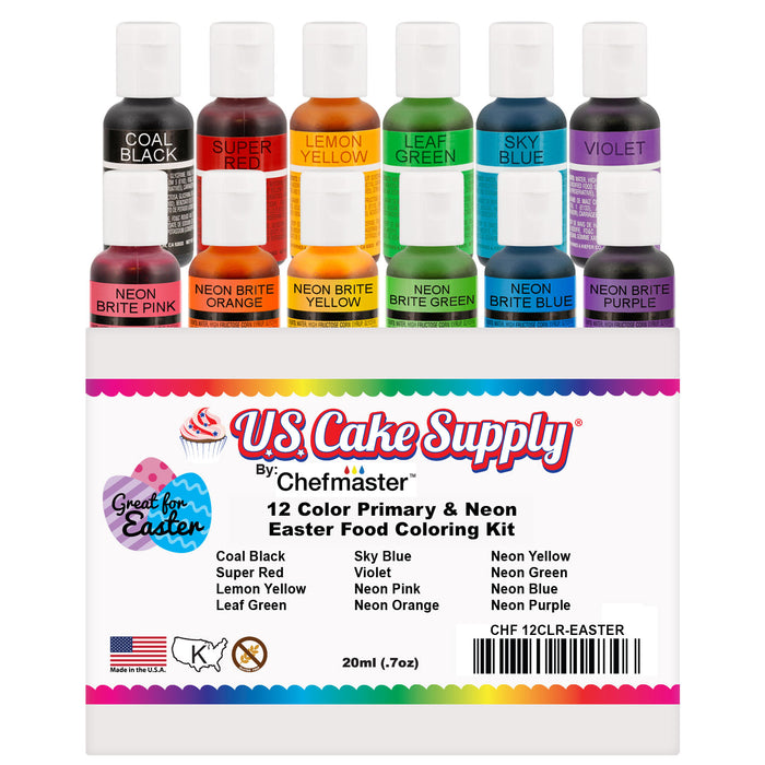 U.S. Cake Supply 12 Color Primary & Neon Easter Food Coloring Kit