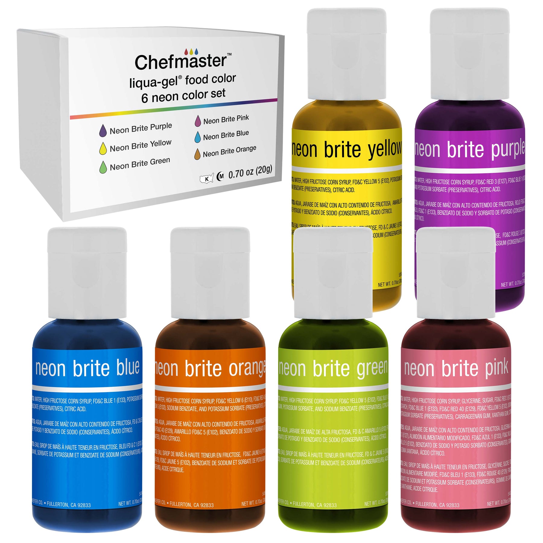 Chefmaster Liqua-Gel Cake Color Set - 6 Metallic Colors in 0.7 fl. oz.  (20ml) Bottles