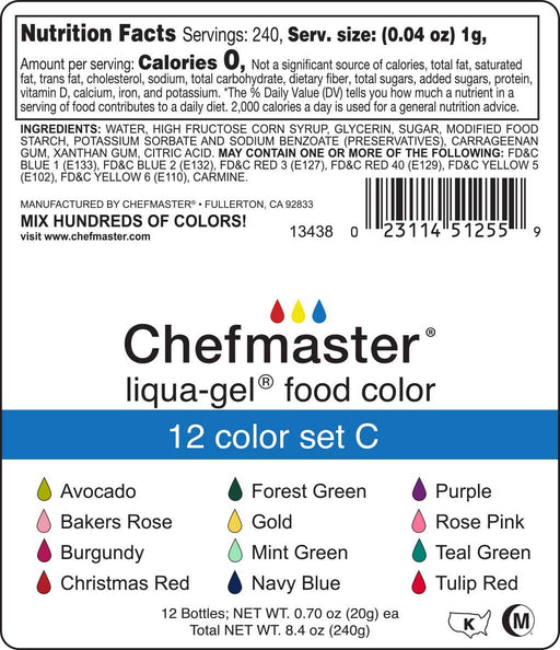 Liqua-Gel Food Coloring - 12 Color Set C - Fade Resistant Food Coloring, 12 Pack - Vibrant, Eye-Catching Colors, Easy-To-Blend Formula, Fade-Resistant