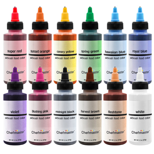 Chefmaster Airbrush Food Coloring Set - 12 of the Most Popular Colors in 2 fl. oz. Bottles