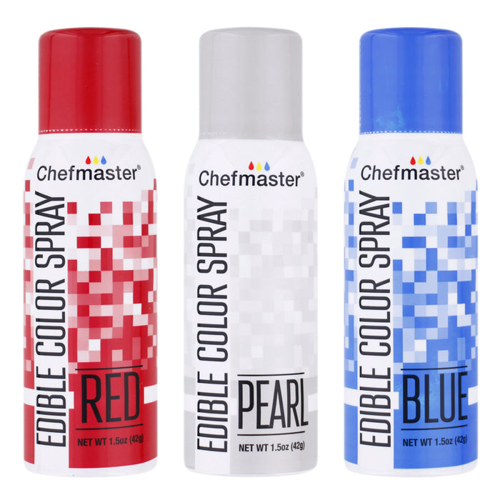 Chefmaster Edible Spray Color 4th of July Theme 3-Pack - 1.5 ounce Cans (Red, Blue, Pearl)