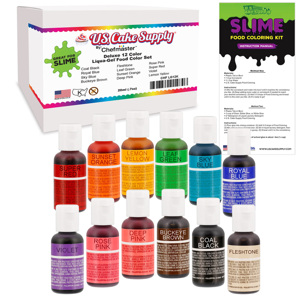 12 Color Food and Slime Coloring Liqua-Gel Decorating Kit U.S. Art Supply Food Grade, 0.75 fl. oz. (20ml) Bottles, Non-Toxic Primary Popular Colors