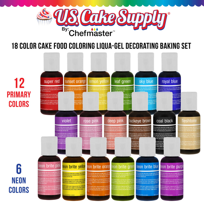 18 Color Cake Food Coloring Liqua-Gel Decorating Baking Set - 12-Primary & 6-Neon Colors U.S. Cake Supply 0.75 fl. oz. (20ml) Bottles - Made in U.S.A.